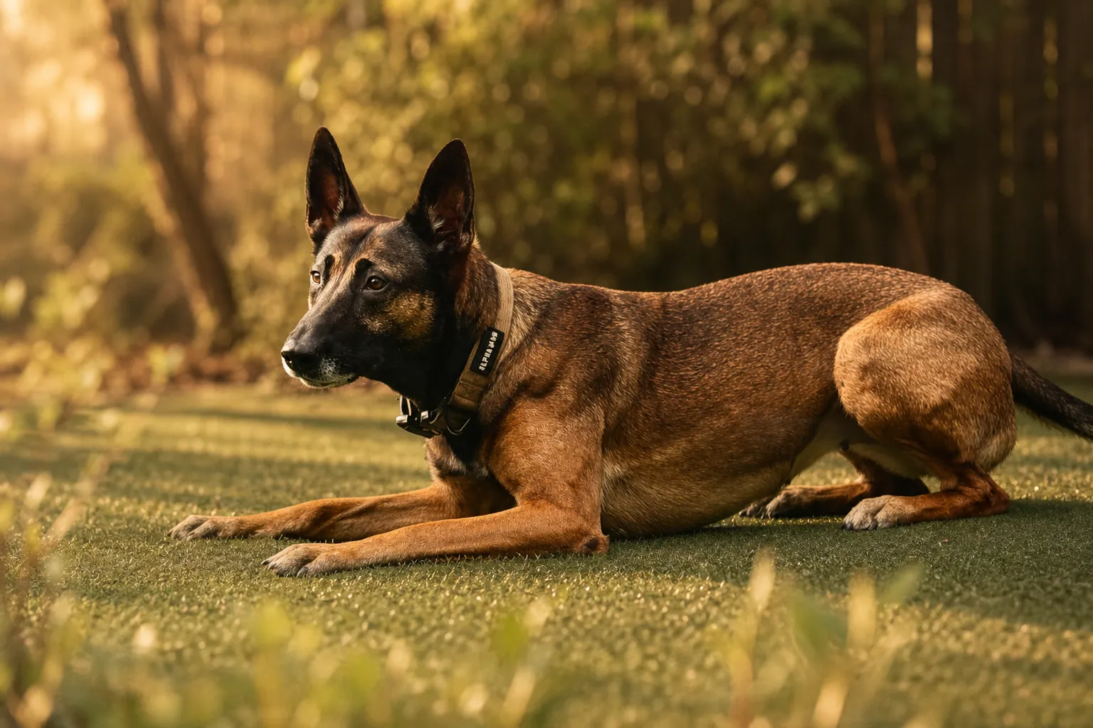 A calm, settled dog resting in soft golden-hour light